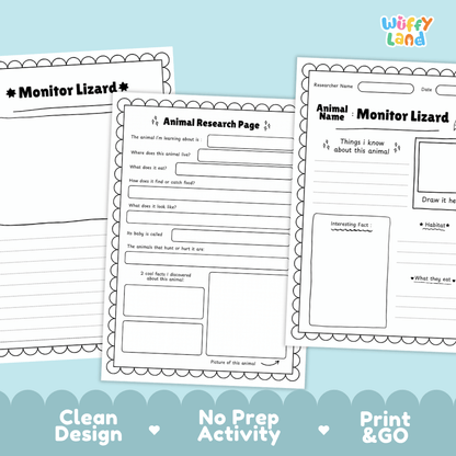 Three printable worksheet pages for animal research, featuring a 'Monitor Lizard' template, displayed on a light blue background with promotional text at the bottom.