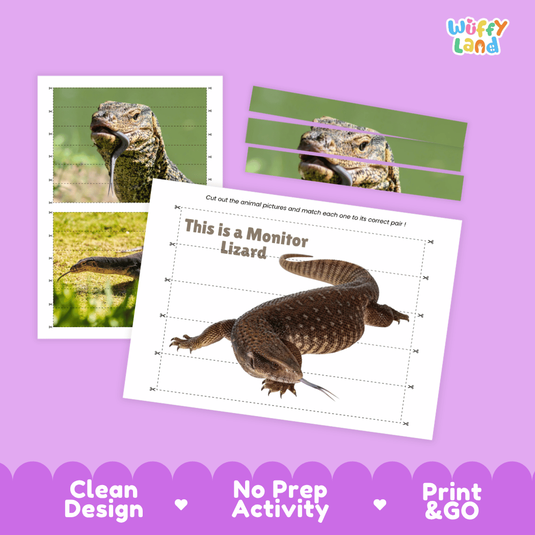 Monitor Lizard Cut and Match Activity Worksheets | Animal Puzzle Printables