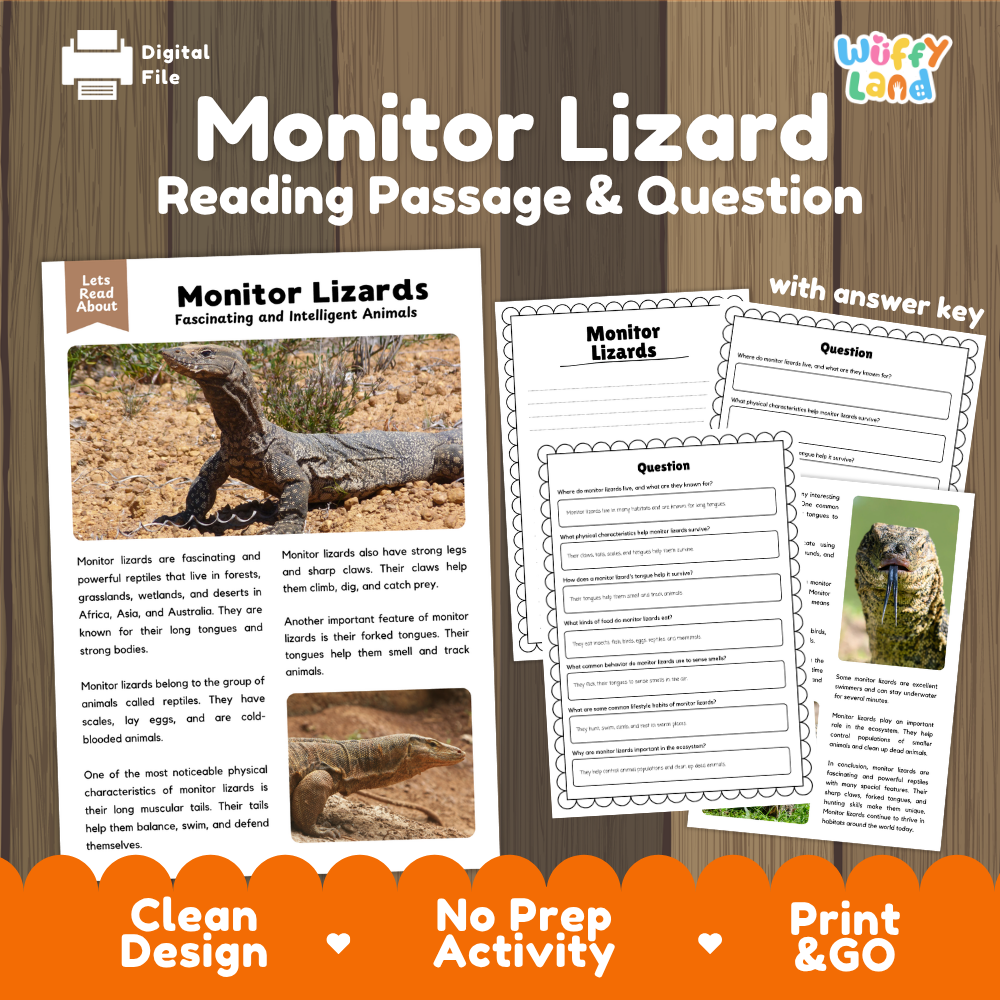 Digital reading activity product for 'Monitor Lizard' featuring a reading passage, worksheet, and question pages with an answer key, displayed on a wood background with promotional text at the bottom.