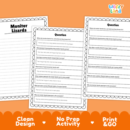 Three printable worksheet pages about monitor lizards are shown on an orange background with promotional text reading 'Clean Design', 'No Prep Activity', and 'Print & GO'. The top right shows the brand name 'Wiffly Land'.