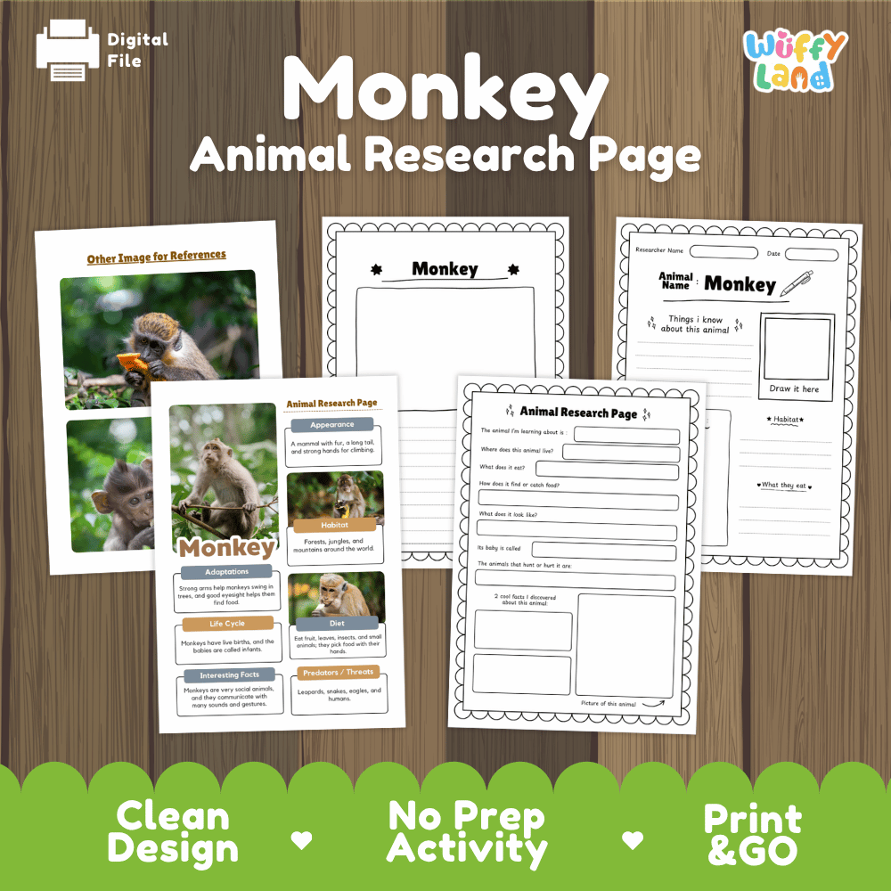 Monkey Animal Research Page Worksheets and Fact Sheet Activity