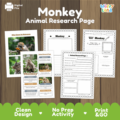 Monkey Animal Research Page Worksheets and Fact Sheet Activity