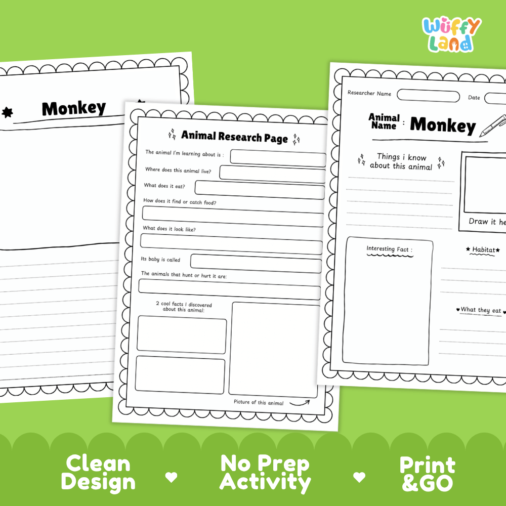 Monkey Animal Research Page Worksheets and Fact Sheet Activity