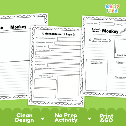Monkey Animal Research Page Worksheets and Fact Sheet Activity
