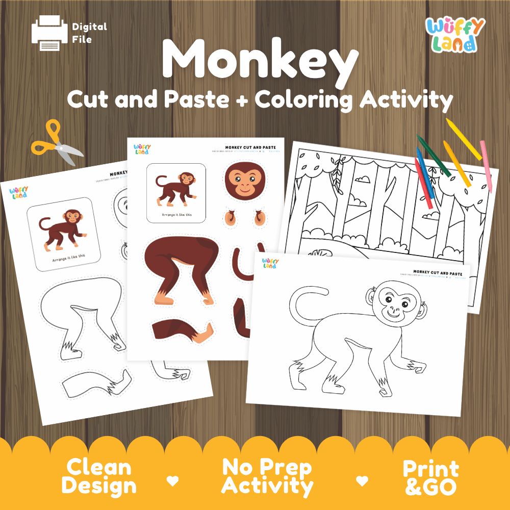 Monkey Cut and Paste Craft and Coloring Activity Worksheets
