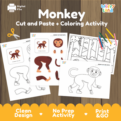 Monkey Cut and Paste Craft and Coloring Activity Worksheets