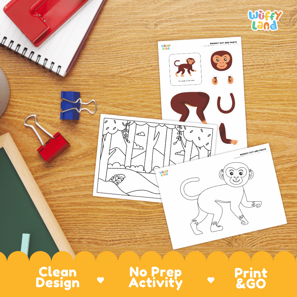 Monkey Cut and Paste Craft and Coloring Activity Worksheets