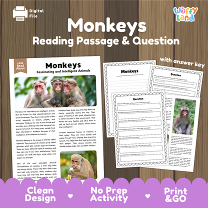 Monkeys Reading Passage and Comprehension Questions Worksheets with Answer Key