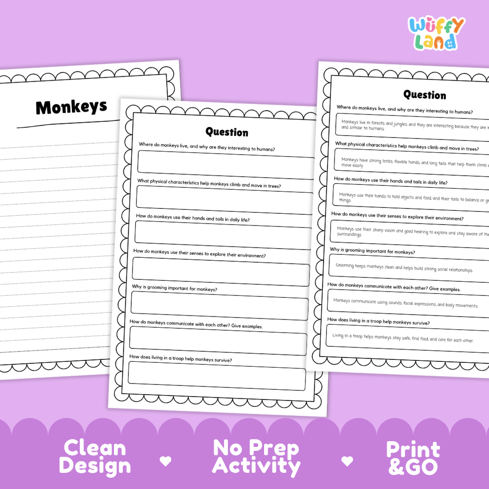 Three printable worksheet pages about monkeys displayed on a purple background with the text 'Clean Design', 'No Prep Activity', and 'Print & GO'. The worksheets have black text and bordered white pages with fill-in lines and questions.