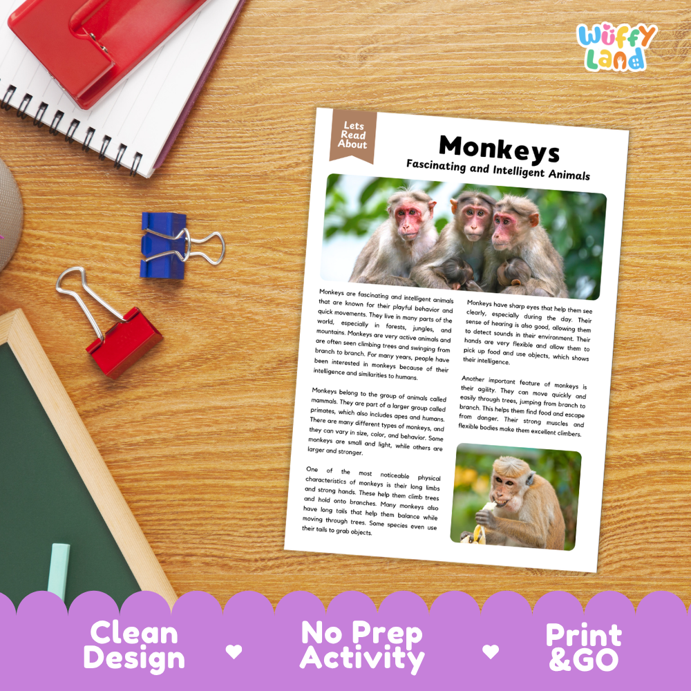 Monkeys Reading Passage and Comprehension Questions Worksheets with Answer Key
