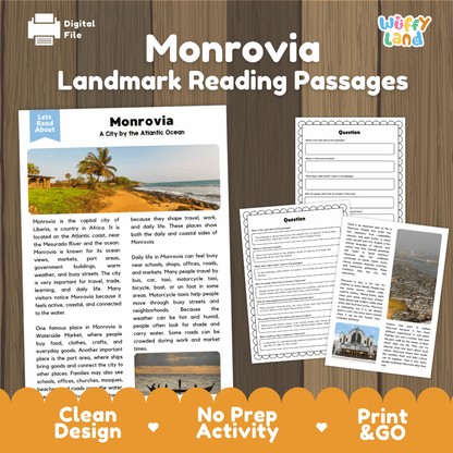 Monrovia landmark reading passage and comprehension worksheet educational unit featuring nonfiction text and authentic Liberian Atlantic coast photography