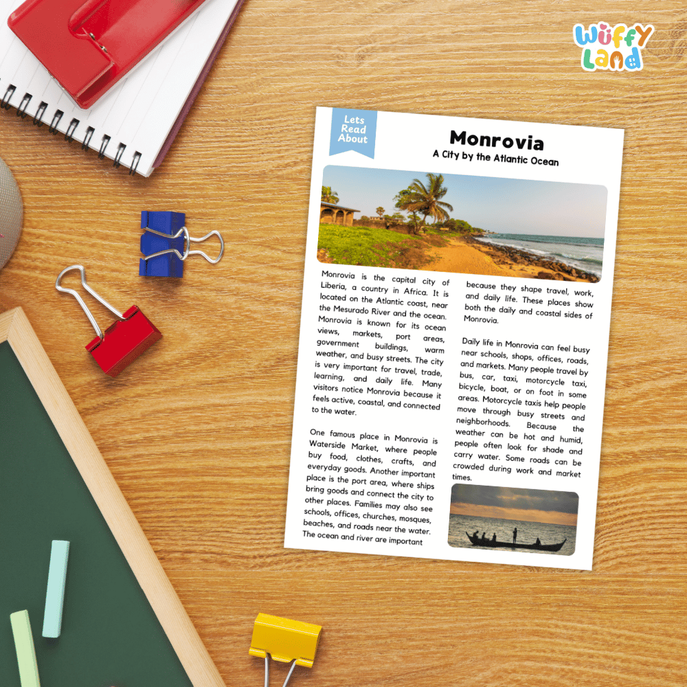 Lined reading comprehension question worksheet covering main ideas vocabulary terms and landmark facts about Monrovia Liberia