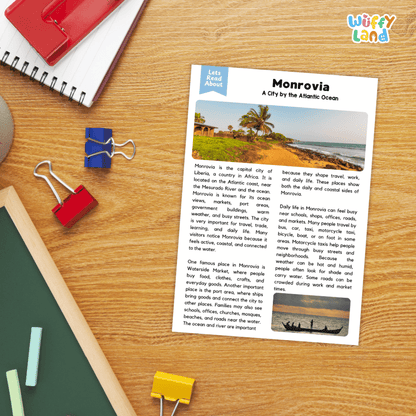 Lined reading comprehension question worksheet covering main ideas vocabulary terms and landmark facts about Monrovia Liberia