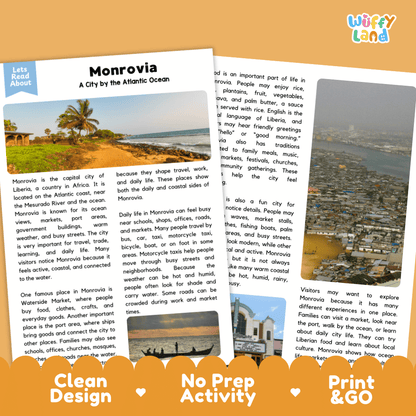 Reference sheet and answer key for Monrovia landmark reading passage displaying completed comprehension answers and West African geography facts