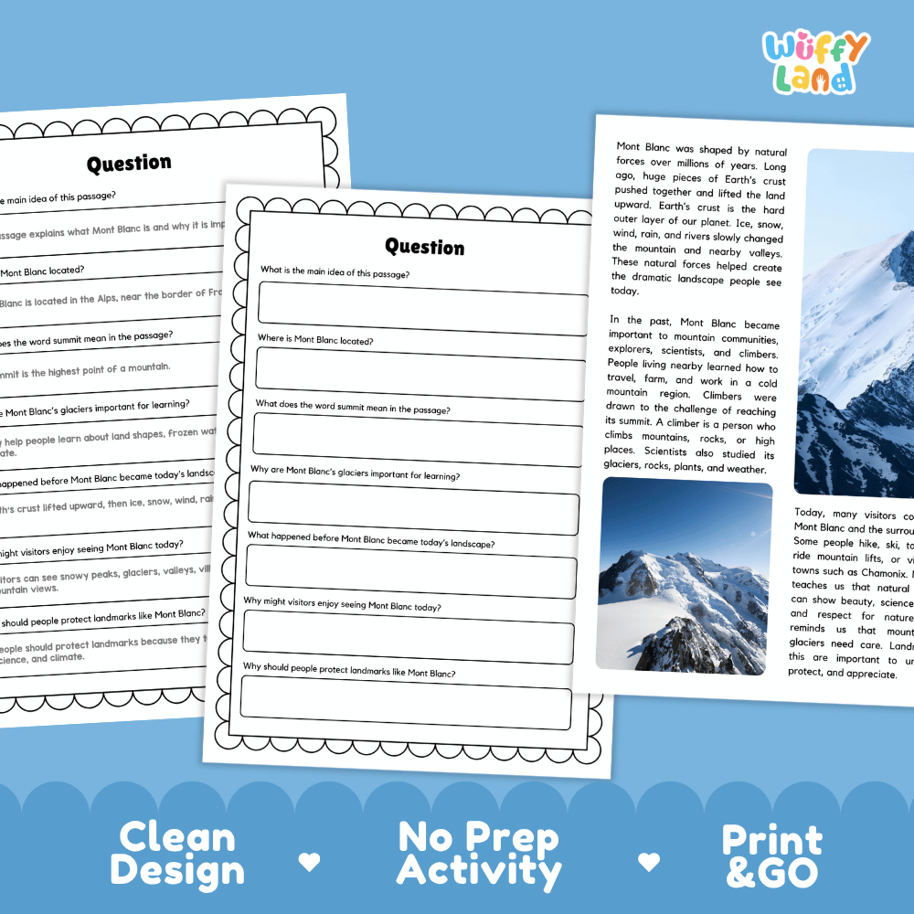 Student reading passage titled Mont Blanc A Snowy Peak in the Alps featuring factual paragraphs about glaciers and mountain lake photography