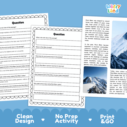 Student reading passage titled Mont Blanc A Snowy Peak in the Alps featuring factual paragraphs about glaciers and mountain lake photography