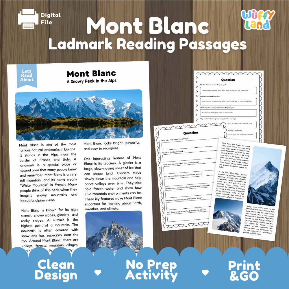 Mont Blanc landmark reading passages printable study unit featuring informational text worksheets and real alpine mountain photography