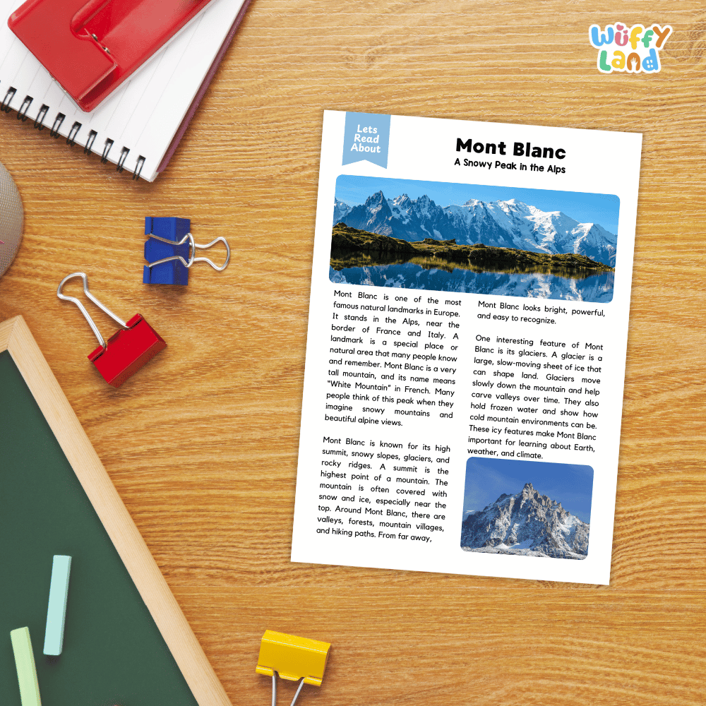 Lined reading comprehension questions worksheet covering main ideas vocabulary terms and landmark facts about Mont Blanc for elementary students
