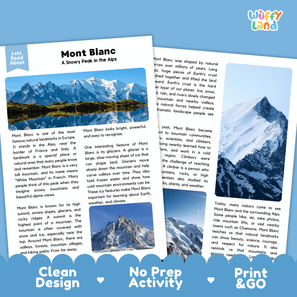 Reference sheet and answer key for Mont Blanc landmark reading passage displaying completed comprehension answers and European mountain facts
