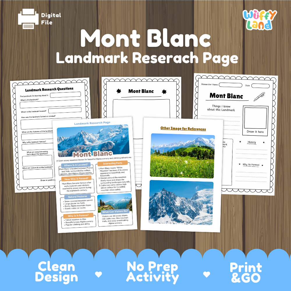 Mont Blanc landmark research page activity sheet set by Wiffy Land, shown as a digital file on a wood-grain background. The set includes three printable worksheet pages with text fields, prompts, and images of the Mont Blanc mountain, along with a reference image page.