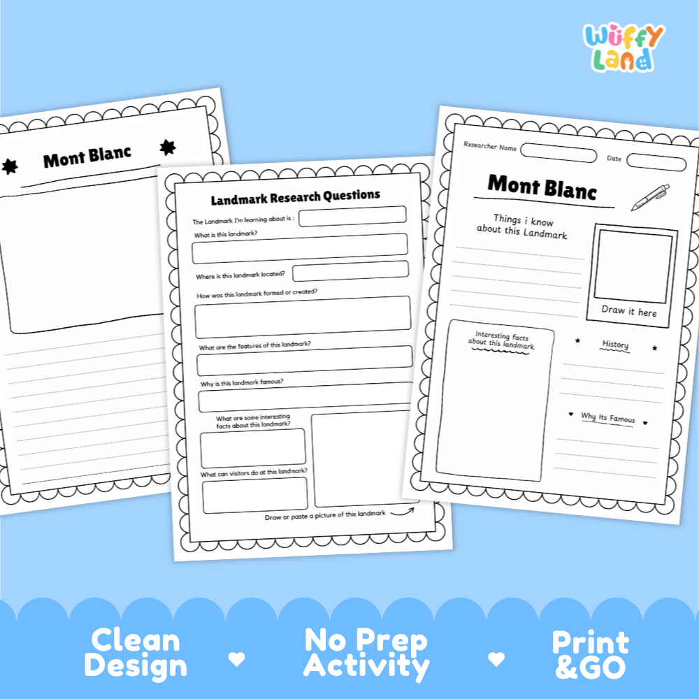 Three printable worksheet pages for Mont Blanc displayed on a light blue background with decorative text at the bottom. The sheets include writing prompts, labeled sections, and drawing boxes.