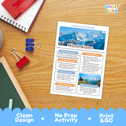 A printed Mont Blanc landmark research page activity sheet laid on a wooden desk, surrounded by school supplies including a spiral notebook, binder clips, and a chalkboard. The sheet has a blue mountain photo and text sections about Mont Blanc.