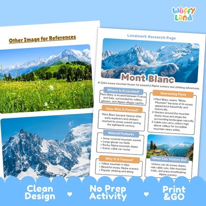 Two printed educational poster sheets about Mont Blanc are shown on a white background with decorative blue banners at the bottom. The sheets feature mountain scenery, text panels, and labels, and the brand name 'wiffy land' appears in the top right corner.