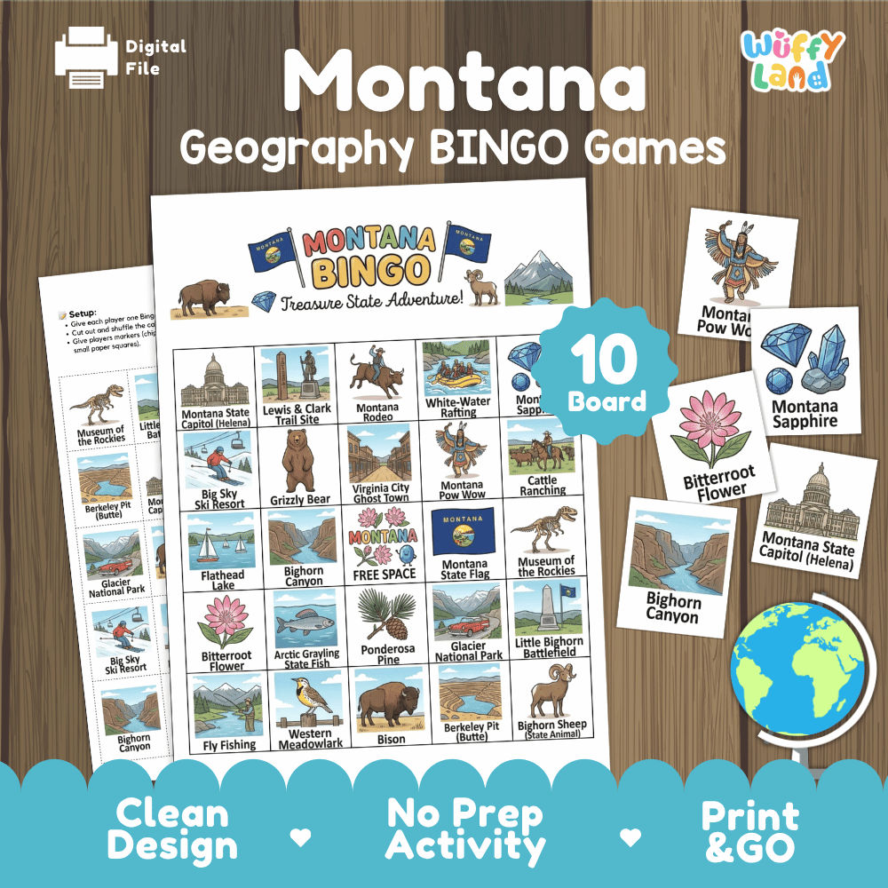 Montana Geography BINGO Game Treasure State Activity Printable Boards