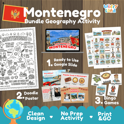 Complete Montenegro geography activity bundle featuring Google Slides, doodle coloring poster, and classroom bingo games 🇲🇪🎒