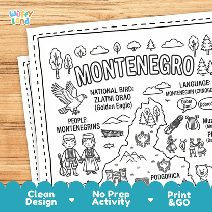 Cultural coloring page featuring traditional Montenegrin attire, gusle music, folk dance, pomegranates, and Dobar Dan greeting speech bubble