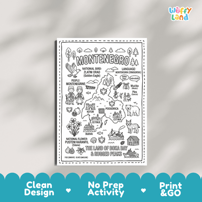 Educational activity coloring page highlighting Montenegro's national bird the Golden Eagle Zlatni Orao, Pusteni Karanfil flower, and Balkan lynx