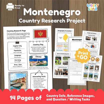 A country research project worksheet for Montenegro, featuring the capital city, population, language, currency, and area. The sheet includes the country’s flag, a map, and details on its climate, which includes warm, sunny summers along the coast and colder winters in the mountains. Sections on traditional clothes, music, national sports, and famous landmarks such as Bay of Kotor and Ostrog Monastery are included. The worksheet encourages learning about Montenegro’s geography, culture, and history.
