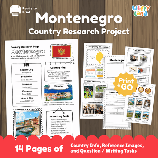 A country research project worksheet for Montenegro, featuring the capital city, population, language, currency, and area. The sheet includes the country’s flag, a map, and details on its climate, which includes warm, sunny summers along the coast and colder winters in the mountains. Sections on traditional clothes, music, national sports, and famous landmarks such as Bay of Kotor and Ostrog Monastery are included. The worksheet encourages learning about Montenegro’s geography, culture, and history.