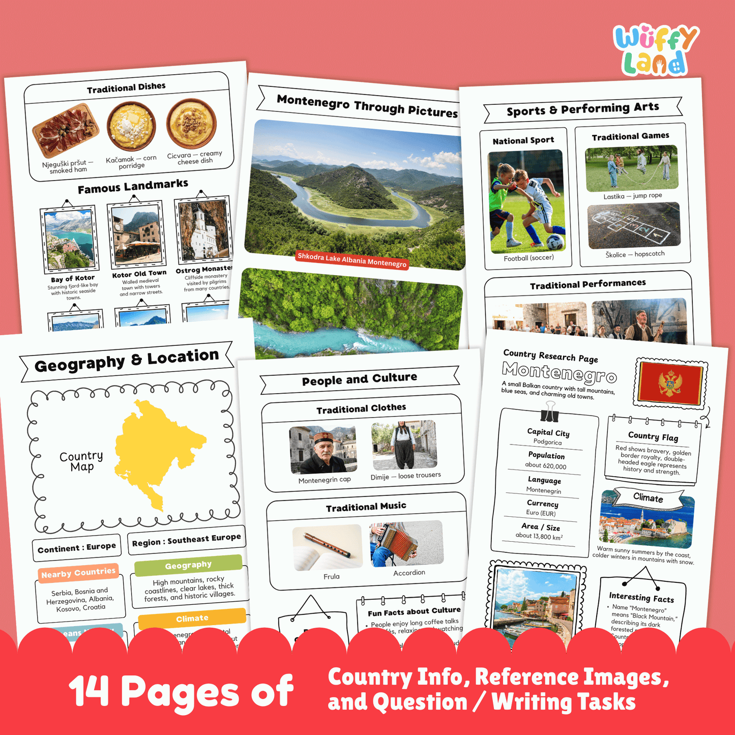 A country research project worksheet for Montenegro, featuring the capital city, population, language, currency, and area. The sheet includes the country’s flag, a map, and details on its climate, which includes warm, sunny summers along the coast and colder winters in the mountains. Sections on traditional clothes, music, national sports, and famous landmarks such as Bay of Kotor and Ostrog Monastery are included. The worksheet encourages learning about Montenegro’s geography, culture, and history.