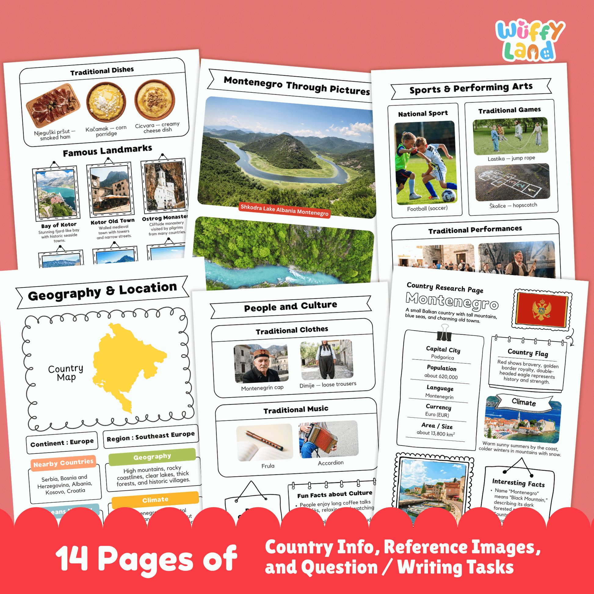 A country research project worksheet for Montenegro, featuring the capital city, population, language, currency, and area. The sheet includes the country’s flag, a map, and details on its climate, which includes warm, sunny summers along the coast and colder winters in the mountains. Sections on traditional clothes, music, national sports, and famous landmarks such as Bay of Kotor and Ostrog Monastery are included. The worksheet encourages learning about Montenegro’s geography, culture, and history.