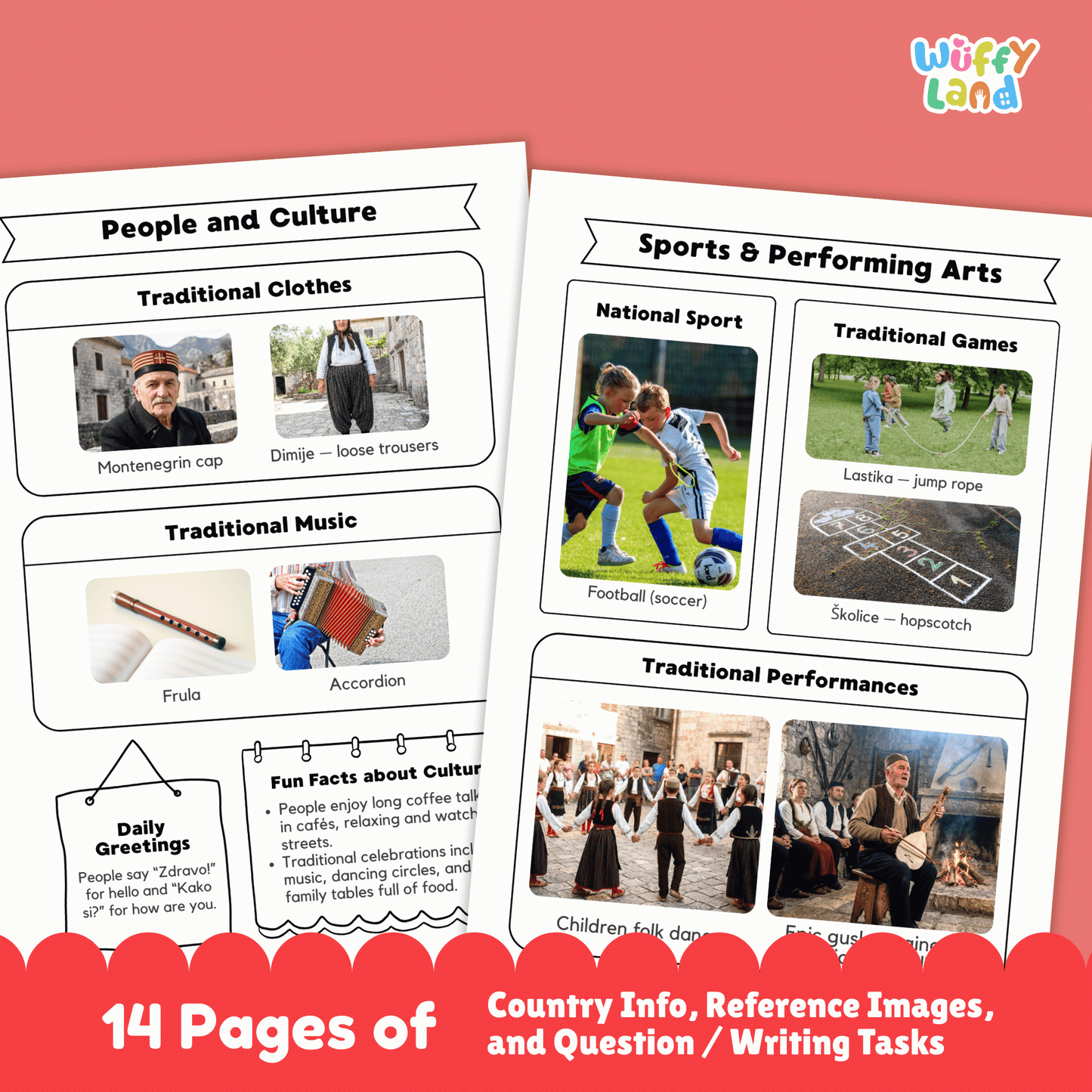 A country research project worksheet for Montenegro, featuring the capital city, population, language, currency, and area. The sheet includes the country’s flag, a map, and details on its climate, which includes warm, sunny summers along the coast and colder winters in the mountains. Sections on traditional clothes, music, national sports, and famous landmarks such as Bay of Kotor and Ostrog Monastery are included. The worksheet encourages learning about Montenegro’s geography, culture, and history.