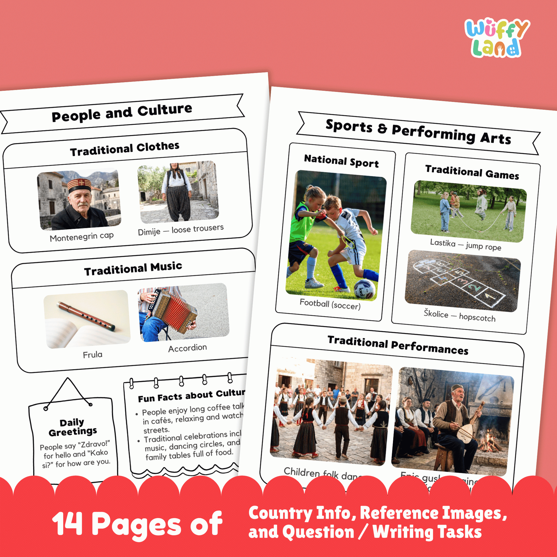A country research project worksheet for Montenegro, featuring the capital city, population, language, currency, and area. The sheet includes the country’s flag, a map, and details on its climate, which includes warm, sunny summers along the coast and colder winters in the mountains. Sections on traditional clothes, music, national sports, and famous landmarks such as Bay of Kotor and Ostrog Monastery are included. The worksheet encourages learning about Montenegro’s geography, culture, and history.