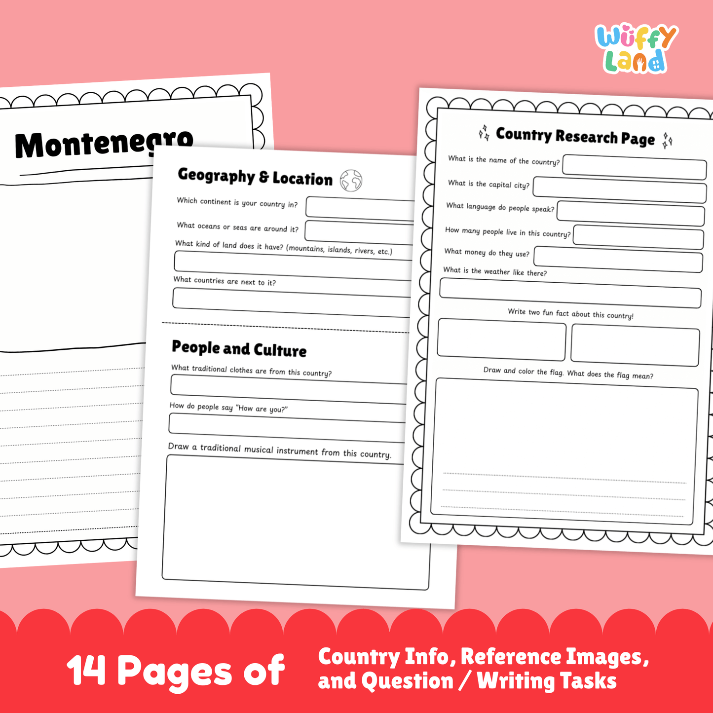 A country research project worksheet for Montenegro, featuring the capital city, population, language, currency, and area. The sheet includes the country’s flag, a map, and details on its climate, which includes warm, sunny summers along the coast and colder winters in the mountains. Sections on traditional clothes, music, national sports, and famous landmarks such as Bay of Kotor and Ostrog Monastery are included. The worksheet encourages learning about Montenegro’s geography, culture, and history.
