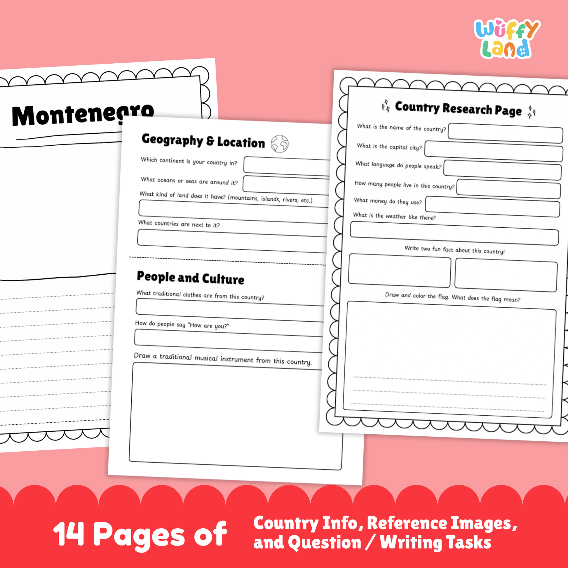 A country research project worksheet for Montenegro, featuring the capital city, population, language, currency, and area. The sheet includes the country’s flag, a map, and details on its climate, which includes warm, sunny summers along the coast and colder winters in the mountains. Sections on traditional clothes, music, national sports, and famous landmarks such as Bay of Kotor and Ostrog Monastery are included. The worksheet encourages learning about Montenegro’s geography, culture, and history.