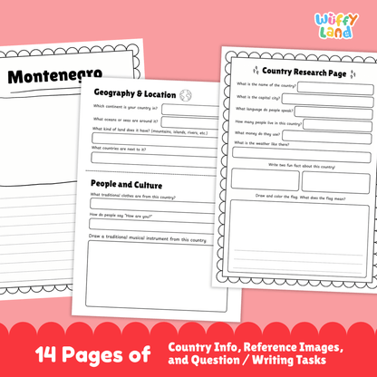 A country research project worksheet for Montenegro, featuring the capital city, population, language, currency, and area. The sheet includes the country’s flag, a map, and details on its climate, which includes warm, sunny summers along the coast and colder winters in the mountains. Sections on traditional clothes, music, national sports, and famous landmarks such as Bay of Kotor and Ostrog Monastery are included. The worksheet encourages learning about Montenegro’s geography, culture, and history.