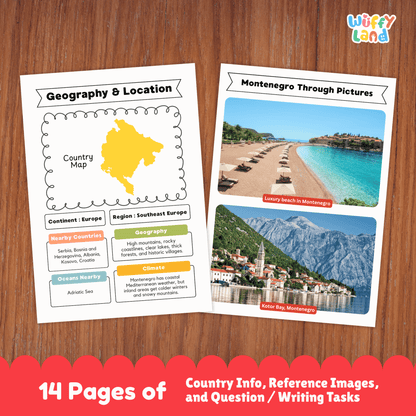 A country research project worksheet for Montenegro, featuring the capital city, population, language, currency, and area. The sheet includes the country’s flag, a map, and details on its climate, which includes warm, sunny summers along the coast and colder winters in the mountains. Sections on traditional clothes, music, national sports, and famous landmarks such as Bay of Kotor and Ostrog Monastery are included. The worksheet encourages learning about Montenegro’s geography, culture, and history.