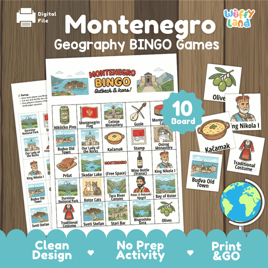 Classroom educational Bingo game cards featuring King Nikola I, Kačamak porridge, Sveti Stefan, and Ostrog Monastery 🎲🥣