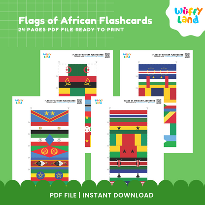 Montessori Africa flag cards with continent color borders for country identification, matching and geography activities