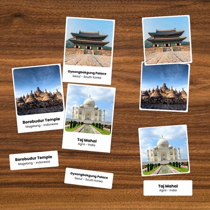 Montessori Asia geography cards featuring famous landmarks from countries across Asia for cultural and world geography studies