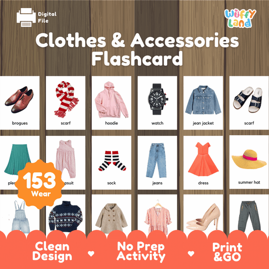 Montessori clothes and accessories flashcard printable wardrobe vocabulary activity pack overview from Wuffy Land featuring 153 wear items 👗👟