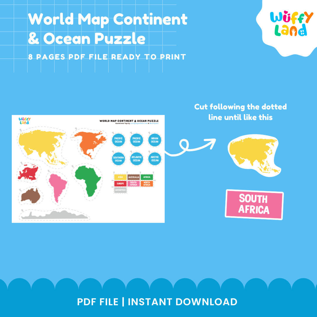 Montessori continents and oceans map activity with colorful continent pieces and labels for hands-on world geography learning