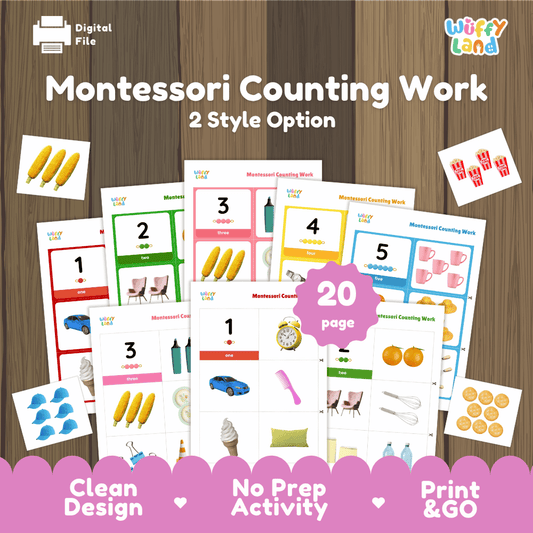 Montessori counting work 20-page printable math bundle overview from Wuffy Land featuring two design styles, beads, and real-life photo object cards 🌽🔢