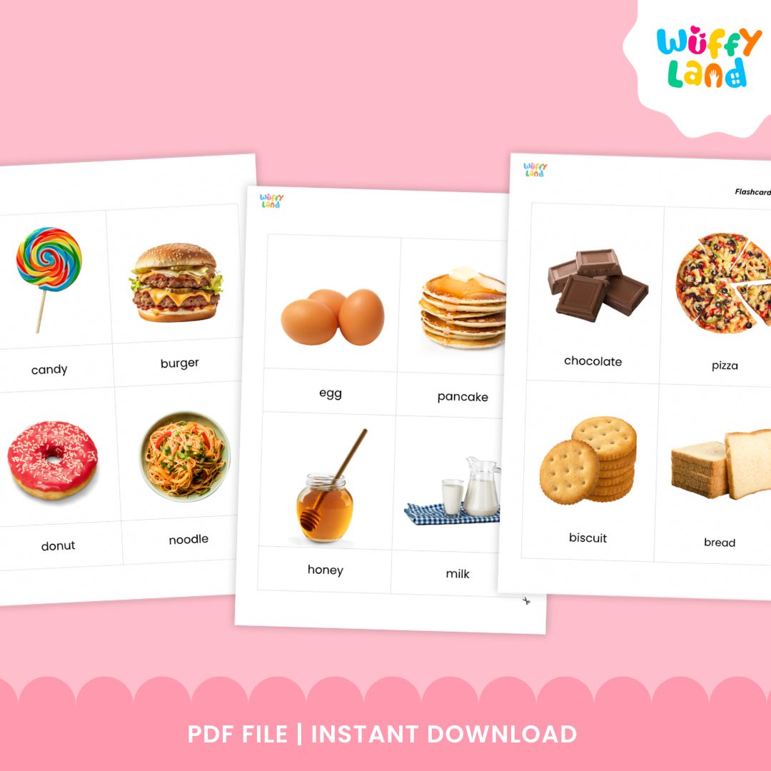 Montessori food nomenclature cards for kids with realistic food pictures and labels for hands-on vocabulary learning