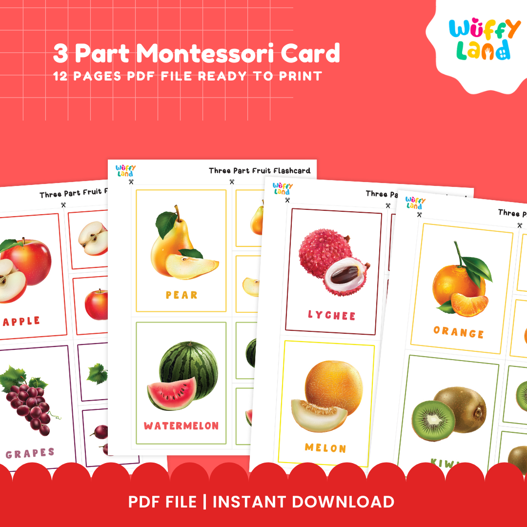 Printable fruit learning cards layout showing separate picture cards, word labels, and control cards for orange and kiwi 🍊🥝