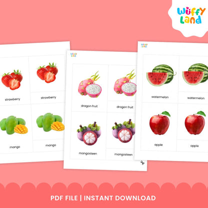 Montessori fruit nomenclature cards with realistic fruit pictures and labels for hands-on vocabulary learning